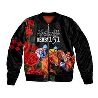 Black satin bomber jacket with front zip, horse-racing graphic and roses on chest