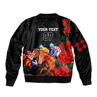 Black bomber jacket with back print of horses, roses, check pattern, and 'YOUR TEXT 07'