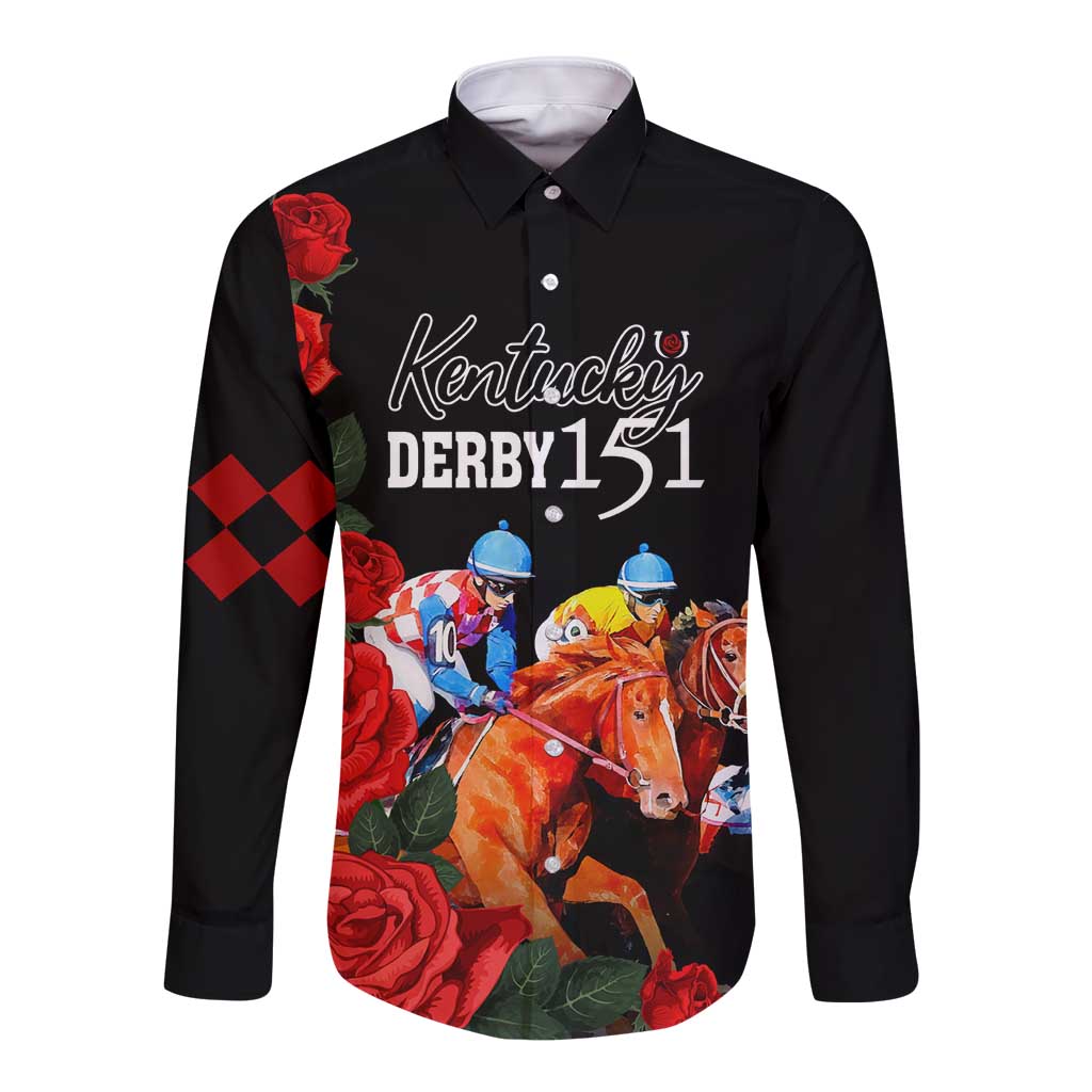 Black long-sleeve button shirt with Kentucky Derby 151 graphic, roses and horses.