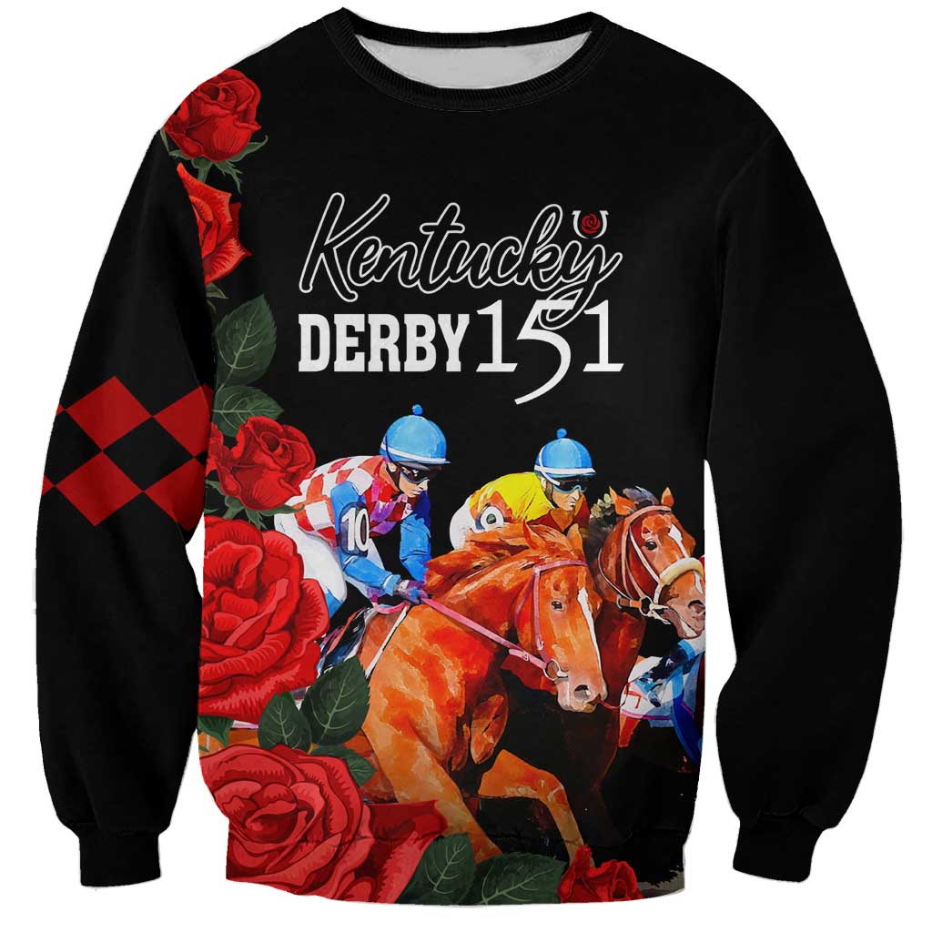 Black unisex sweatshirt with horse race graphic, roses, and 'Kentucky Derby 151' text