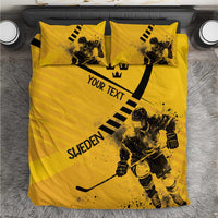Yellow hockey-themed bedding set with player graphic and black stripes on duvet and pillows
