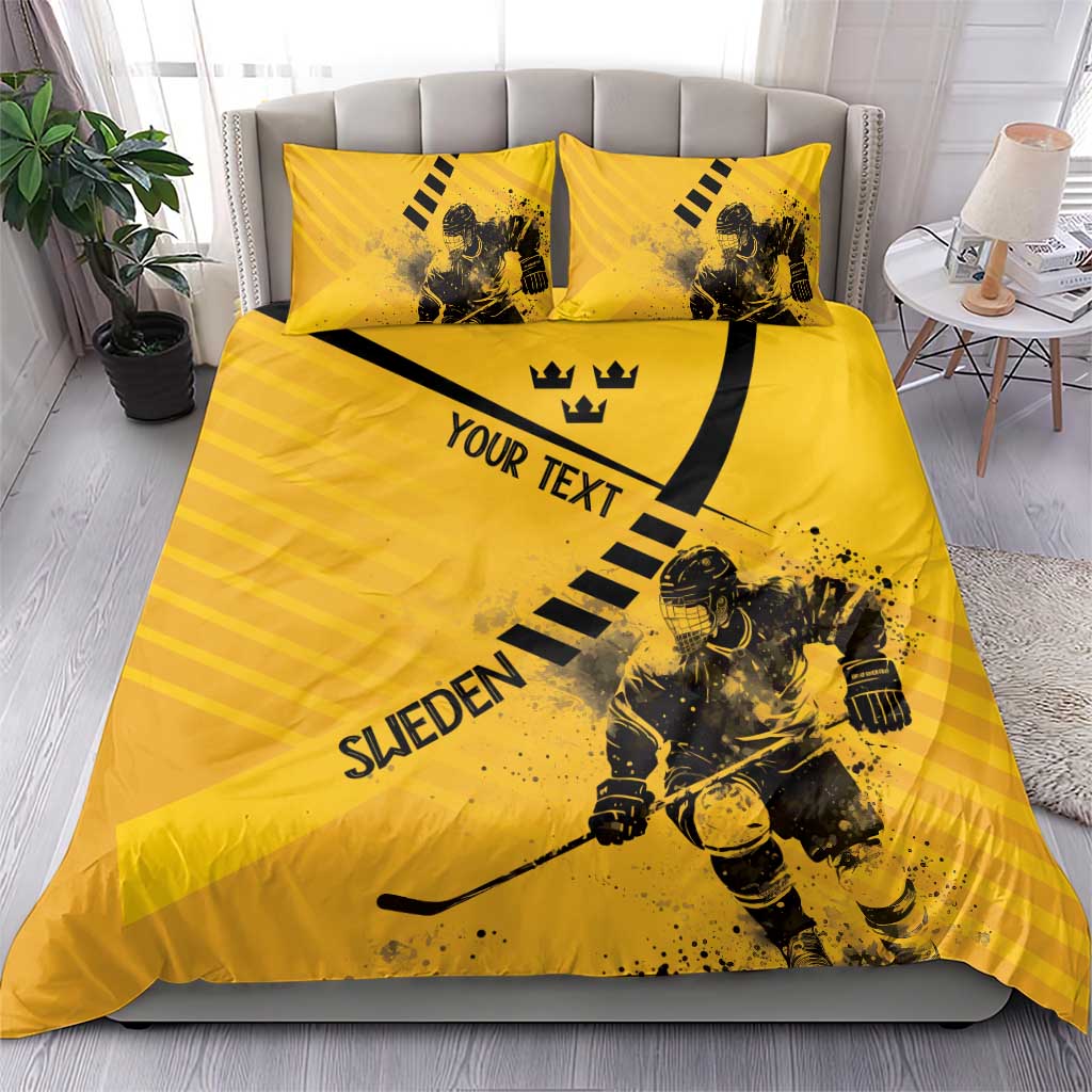Yellow Sweden hockey bedding set with player print, crown emblem, and black text on pillows
