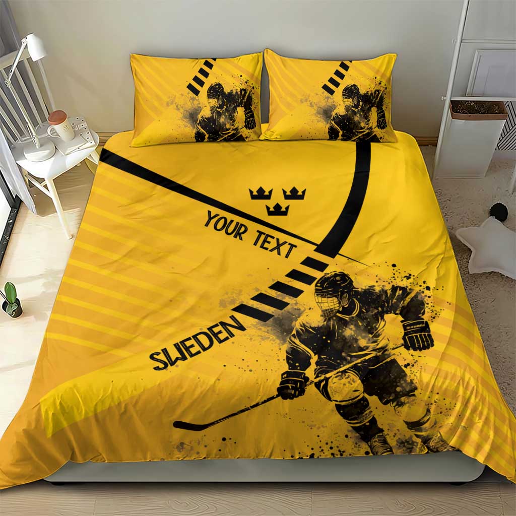 Yellow personalized hockey bedding set with player artwork, crown icon, and black stripe accents