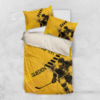 Yellow hockey duvet and pillow set with player graphic, black text, and crown emblem