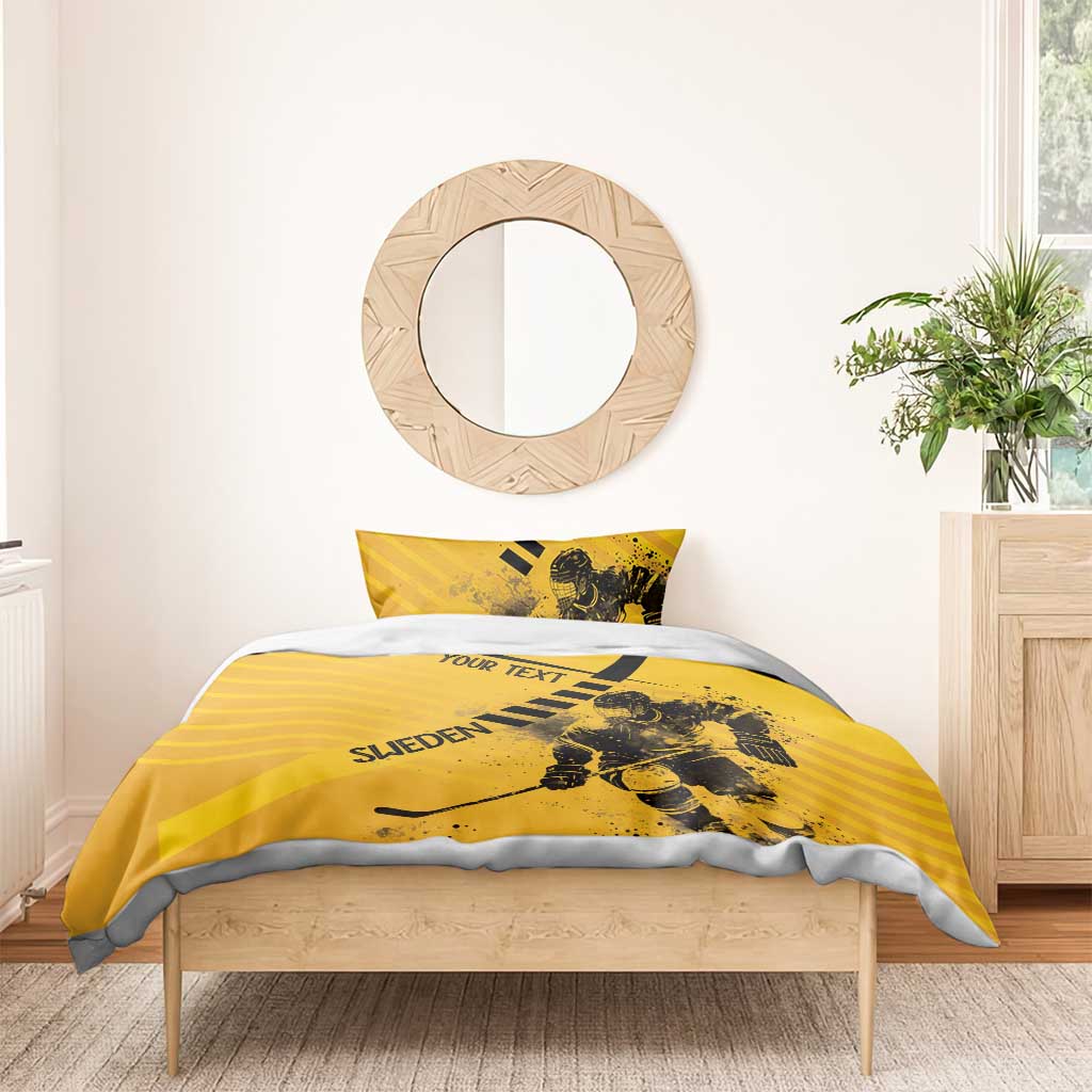 Yellow Sweden hockey duvet set with player artwork, black stripes, and matching pillow