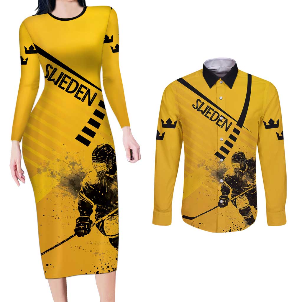 Sweden Ice Hockey Personalized Couples Matching Long Sleeve Bodycon Dress and Long Sleeve Button Shirt Tre Kronor - GO Sweden