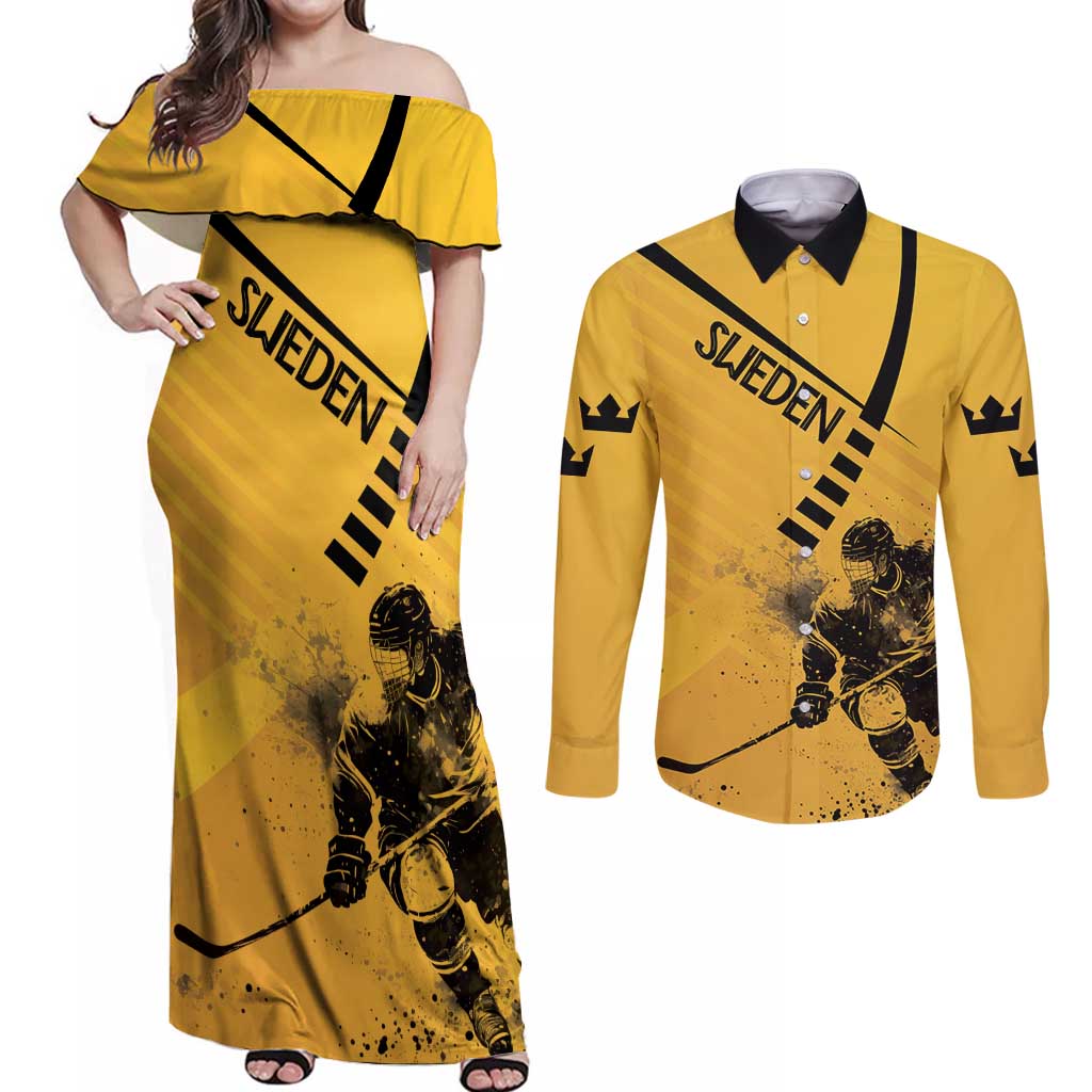 Sweden Ice Hockey Personalized Couples Matching Off Shoulder Maxi Dress and Long Sleeve Button Shirt Tre Kronor - GO Sweden