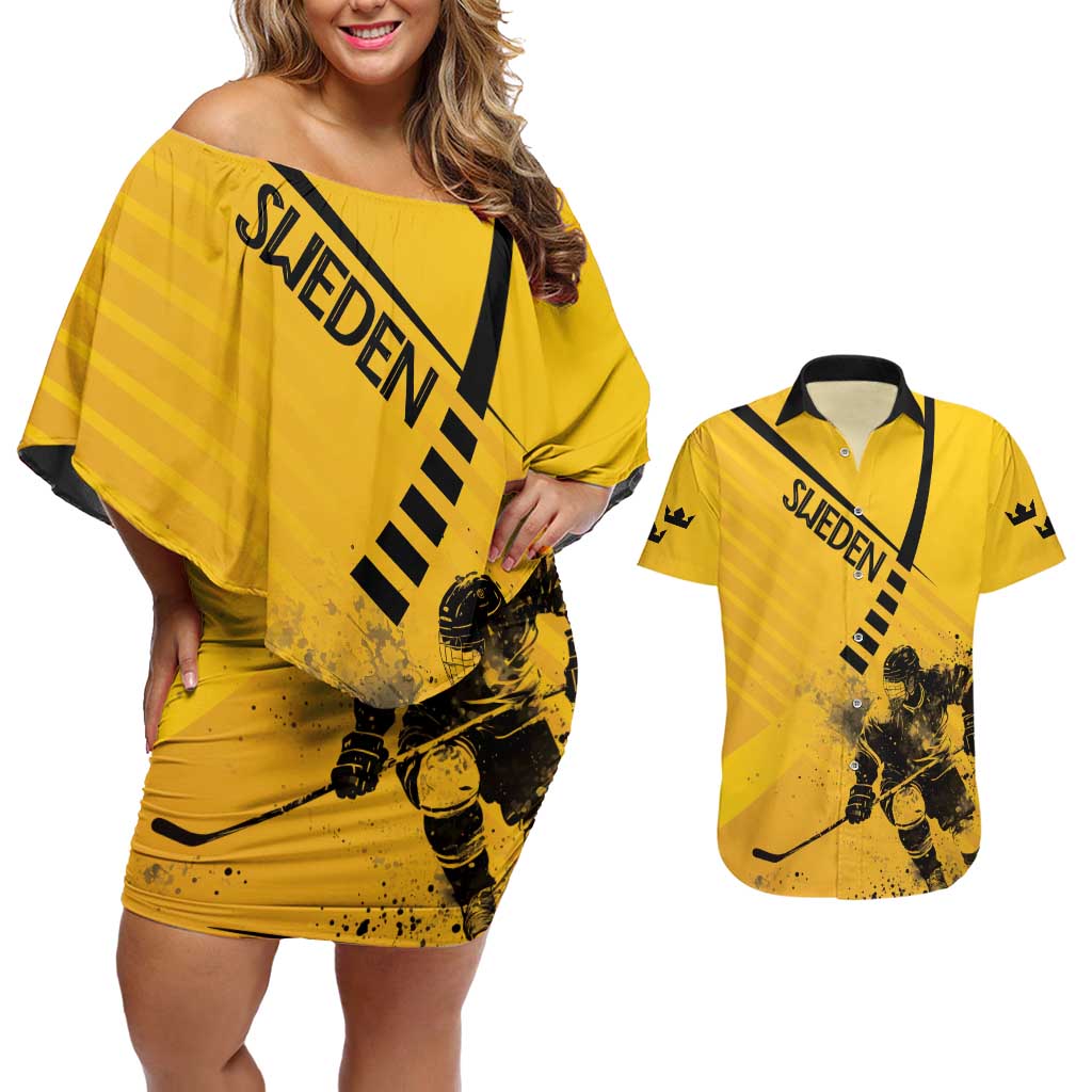 Sweden Ice Hockey Personalized Couples Matching Off Shoulder Short Dress and Hawaiian Shirt Tre Kronor - GO Sweden