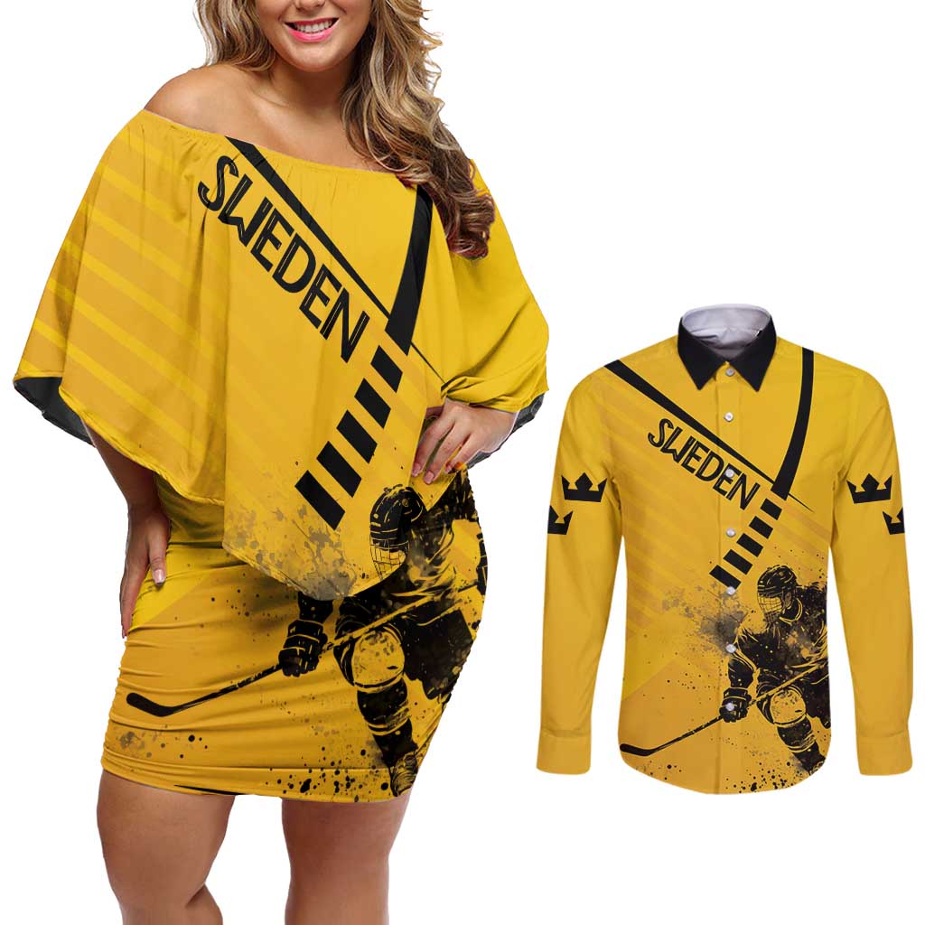 Sweden Ice Hockey Personalized Couples Matching Off Shoulder Short Dress and Long Sleeve Button Shirt Tre Kronor - GO Sweden