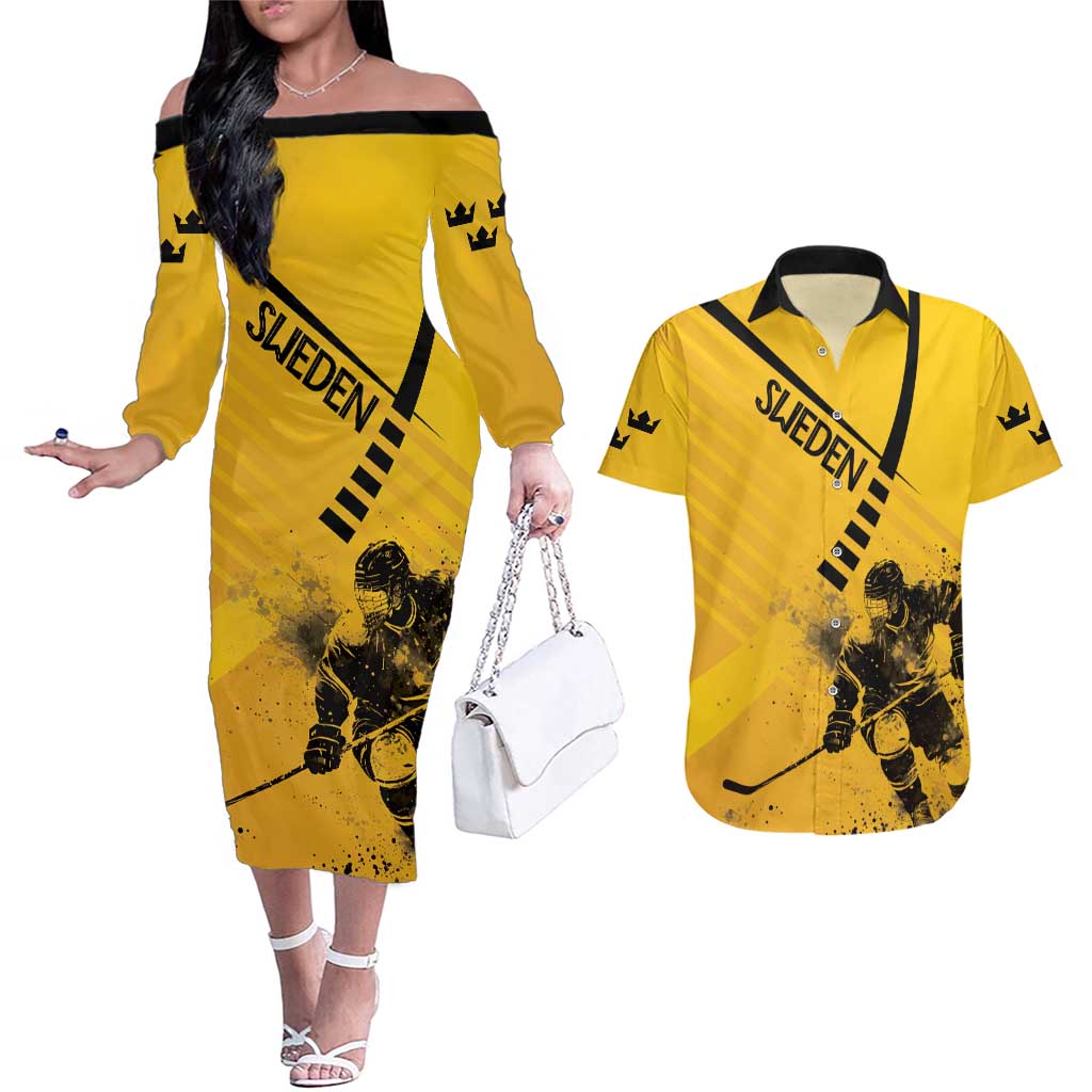 Sweden Ice Hockey Personalized Couples Matching Off The Shoulder Long Sleeve Dress and Hawaiian Shirt Tre Kronor - GO Sweden