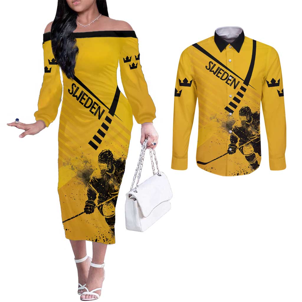 Sweden Ice Hockey Personalized Couples Matching Off The Shoulder Long Sleeve Dress and Long Sleeve Button Shirt Tre Kronor - GO Sweden