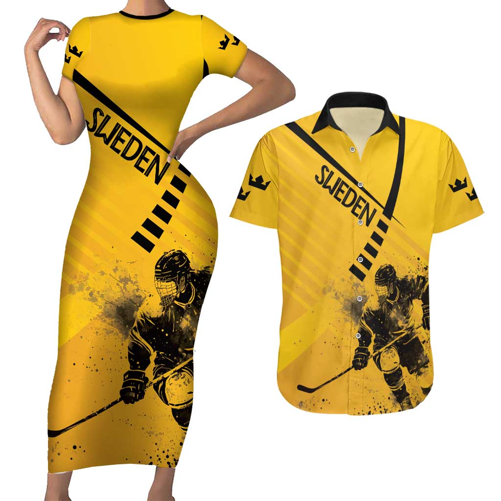 Sweden Ice Hockey Personalized Couples Matching Short Sleeve Bodycon Dress and Hawaiian Shirt Tre Kronor - GO Sweden