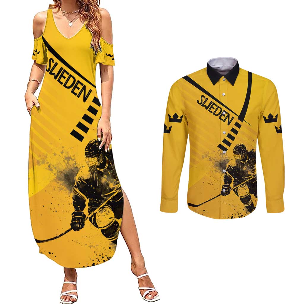 Sweden Ice Hockey Personalized Couples Matching Summer Maxi Dress and Long Sleeve Button Shirt Tre Kronor - GO Sweden