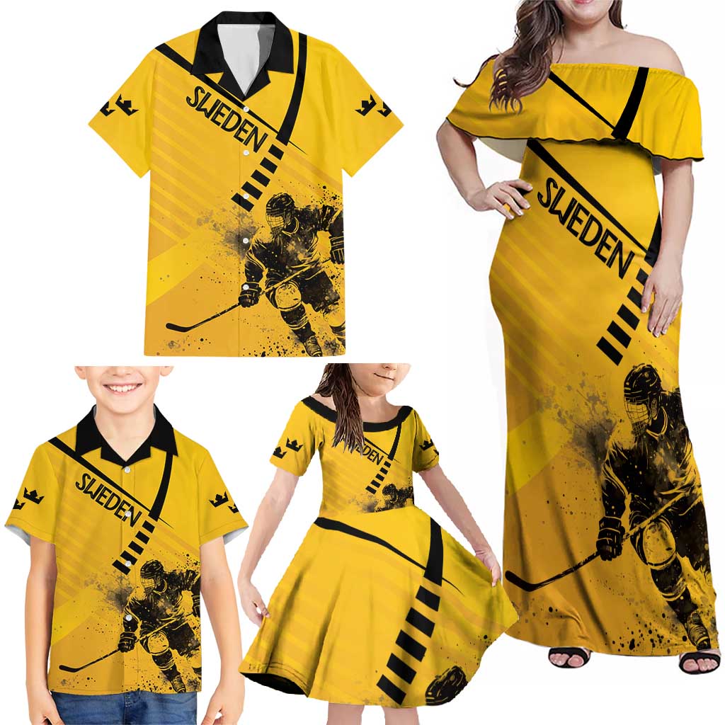 Sweden Ice Hockey Personalized Family Matching Off Shoulder Maxi Dress and Hawaiian Shirt Tre Kronor - GO Sweden