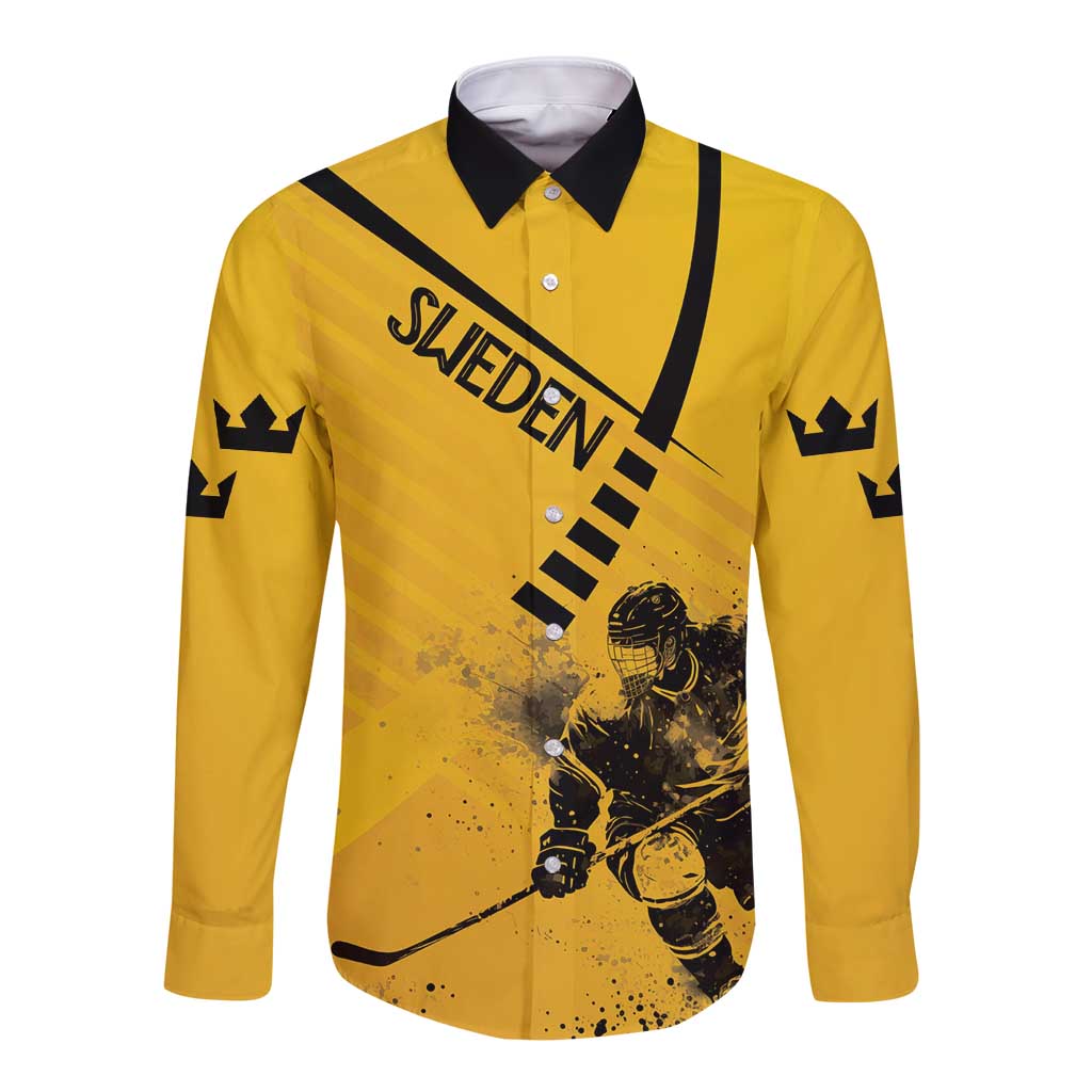 Sweden Ice Hockey Personalized Long Sleeve Button Shirt Tre Kronor - GO Sweden