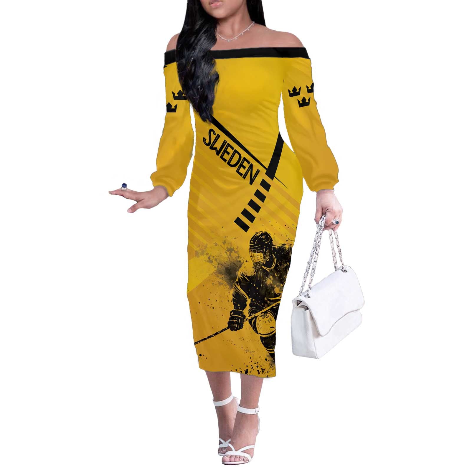 Sweden Ice Hockey Personalized Off The Shoulder Long Sleeve Dress Tre Kronor - GO Sweden