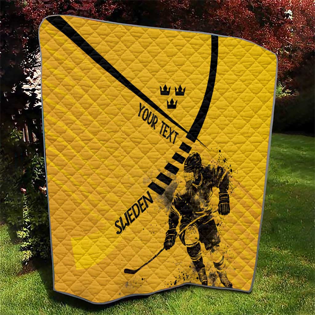 Yellow quilt with black curved stripe and border; crown, “YOUR TEXT,” goalie scene and “SWEDEN”