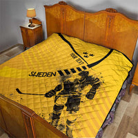 Yellow quilt on bed with black edge and stripe; crown icon, “YOUR TEXT,” goalie artwork, “SWEDEN”