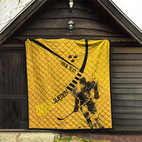 Yellow quilt hanging on wall with black border; crown, “YOUR TEXT,” goalie graphic and “SWEDEN”