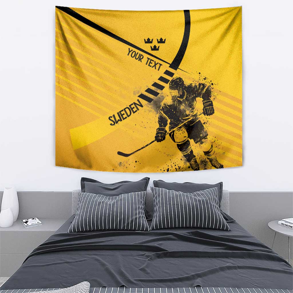 Yellow hockey tapestry with goalie action figure, crown mark, and diagonal graphic custom text.