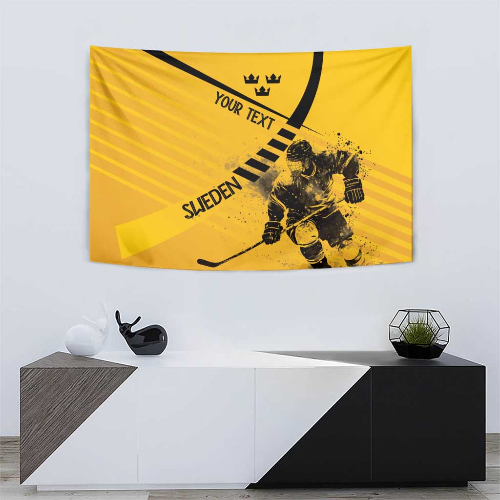 Yellow ice hockey tapestry featuring goalie and stick, crown icon, and custom text.