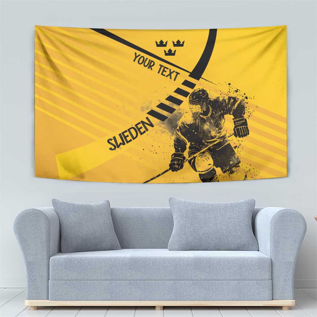Yellow hockey tapestry with goalie silhouette, crown emblem, and "YOUR TEXT" line.