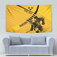 Yellow hockey tapestry with goalie silhouette, crown emblem, and "YOUR TEXT" line.