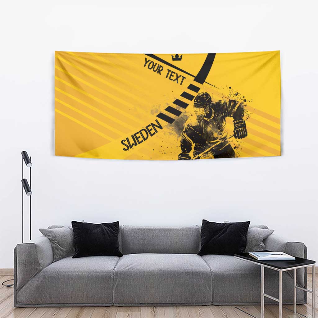 Yellow ice hockey wall tapestry with goalie figure, crown icon, and diagonal ray design.