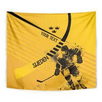 Close-up yellow ice hockey tapestry showing goalie silhouette, crown icon, and custom text.