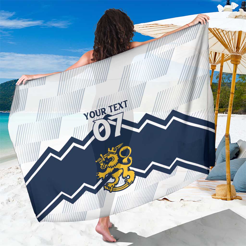 Custom ice hockey sarong, white with navy zigzag and lion crest; 'YOUR TEXT' and 07.