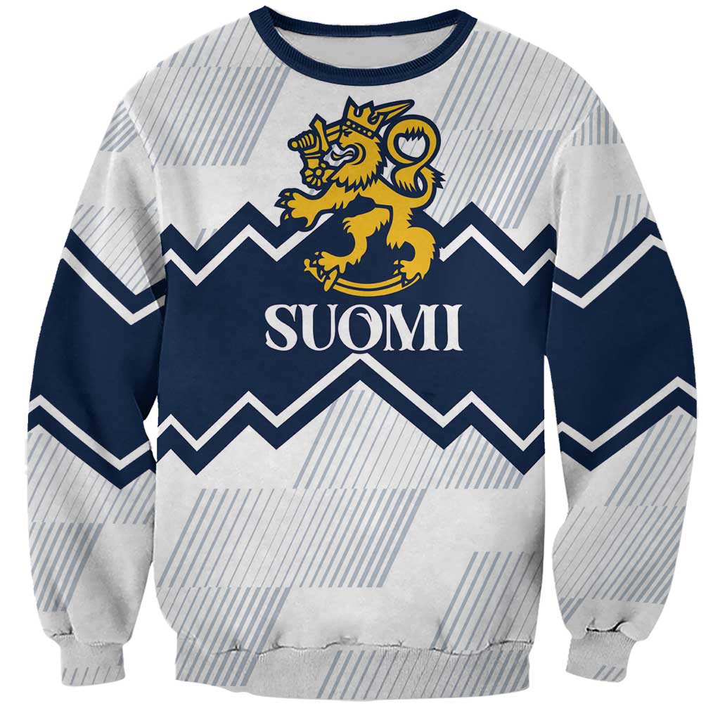 White unisex hockey sweatshirt with navy chevron, lion graphic, and SUOMI text