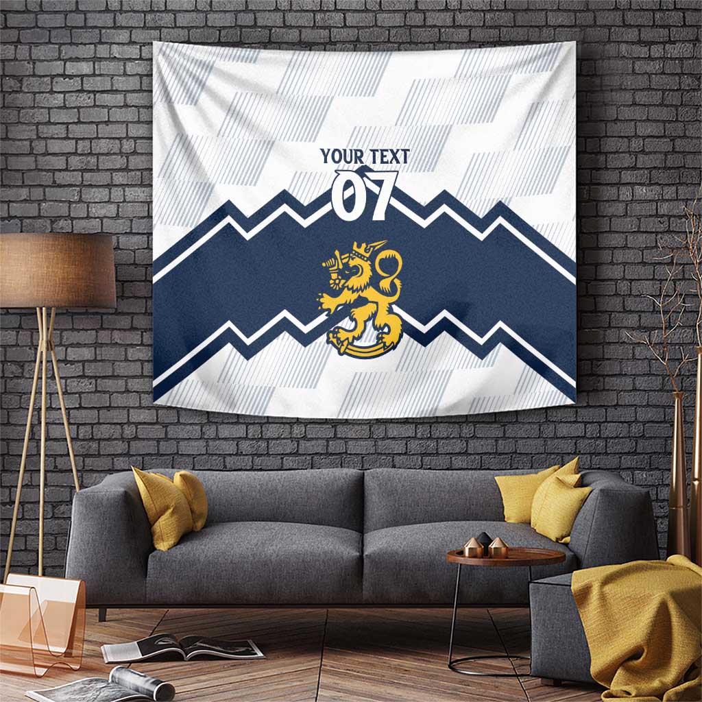 White and navy hockey wall tapestry with lion crest, zigzags, and 'YOUR TEXT 07'