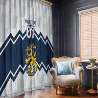 Printed window curtains with navy chevron stripes, white-blue vertical stripes, yellow crest emblem.