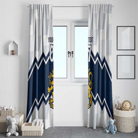 Two-panel window curtain set with navy zigzag chevrons, white-blue striped sections, yellow crest.