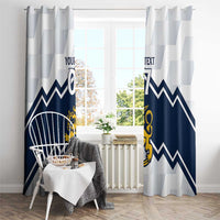 Decorative window curtain pair with navy zigzag chevrons and yellow lion crest emblem.