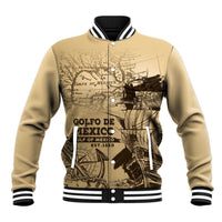 Sand baseball jacket with vintage map graphic, snap button front and striped ribbed trim