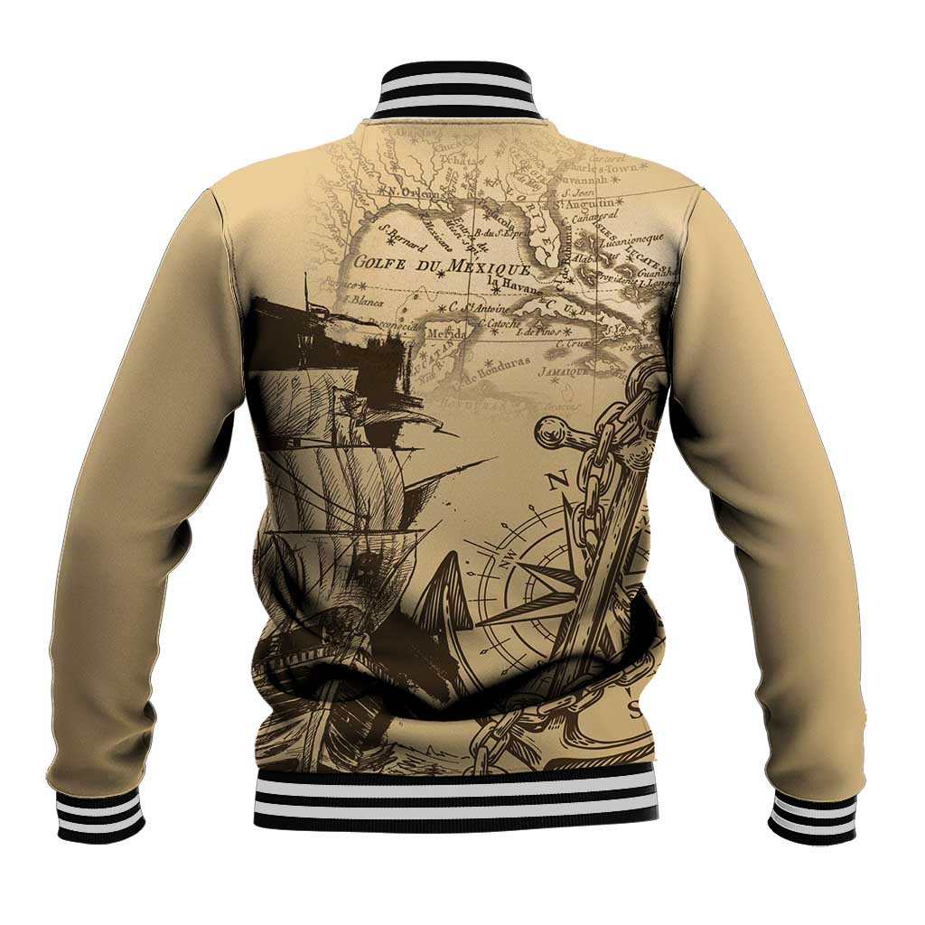 Sand baseball jacket back with large vintage map graphic and striped ribbed hem and cuffs