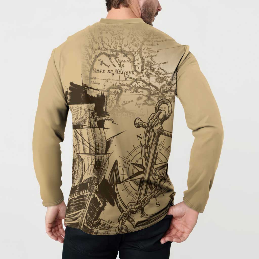 Sand button-front sweatshirt back view with anchor, compass and vintage map print