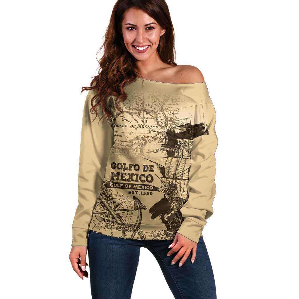 Gulf Of Mexico Vintage Map Est.1550 Off Shoulder Sweater