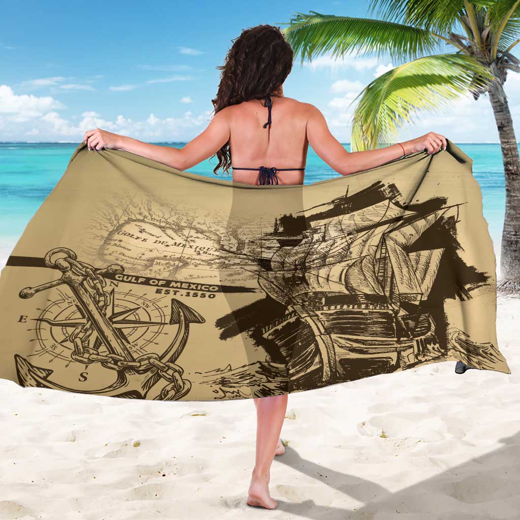 Sand-toned vintage map sarong with nautical illustration and Gulf of Mexico Est.1550 text