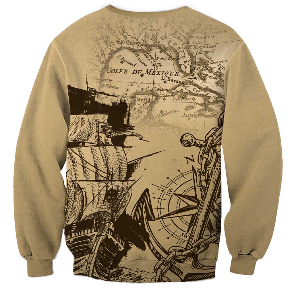 Sand crewneck sweatshirt with vintage map and sail graphic on back