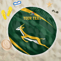 Round green personalized rugby beach blanket with fringe and South Africa flag emblem