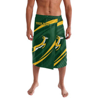 Green rugby-themed lavalava with yellow diagonal stripes, bird emblem, and editable text