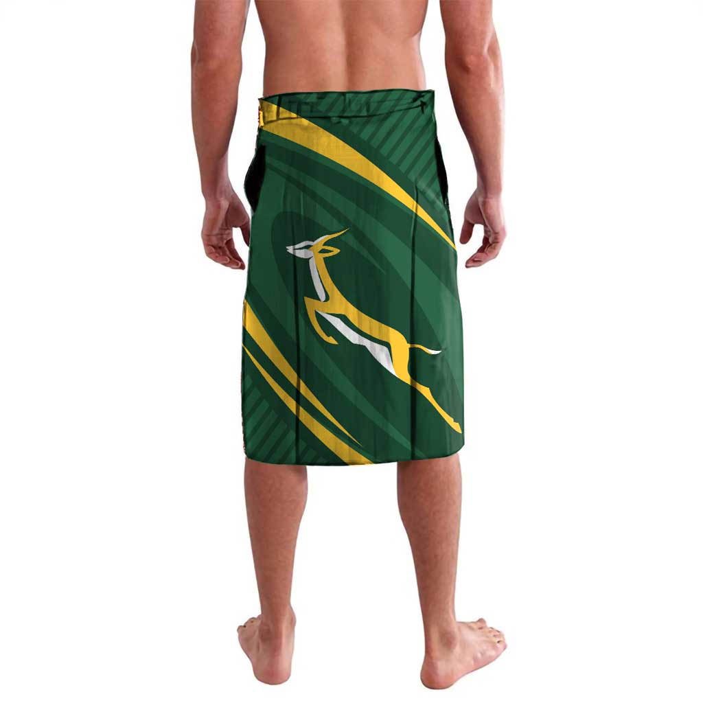 Green rugby-themed lavalava with yellow diagonal stripes and bird emblem, no visible text