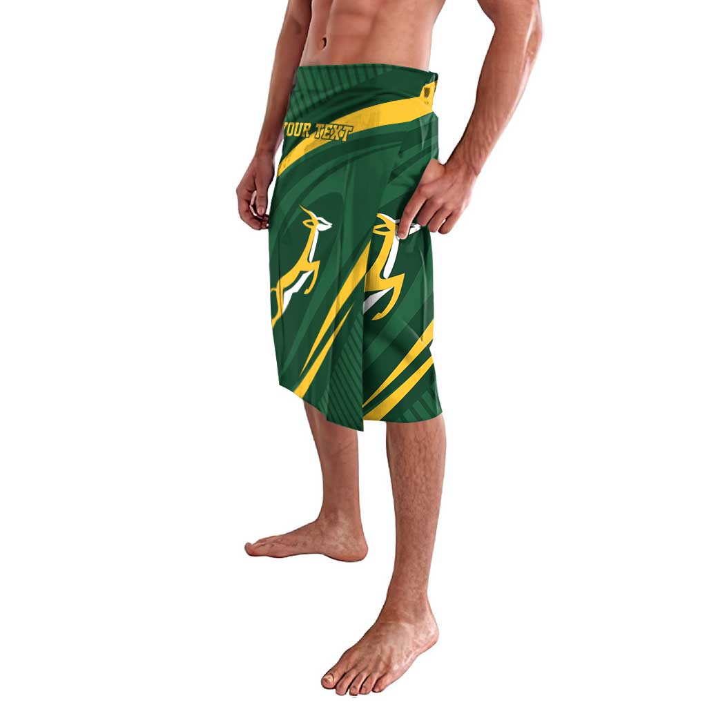 Green rugby-themed lavalava with yellow stripes, bird emblem, and YOUR TEXT