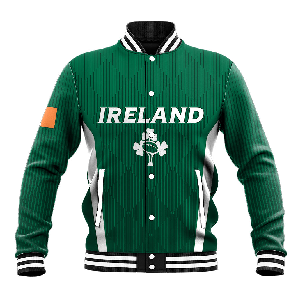 Green ribbed baseball varsity jacket, button front, 'IRELAND' crest and clover emblem