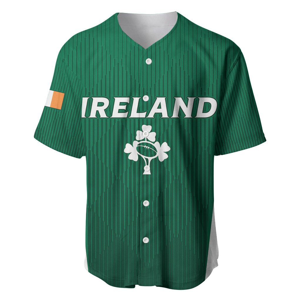 Green V-neck baseball jersey with buttons, 'IRELAND' front and clover emblem