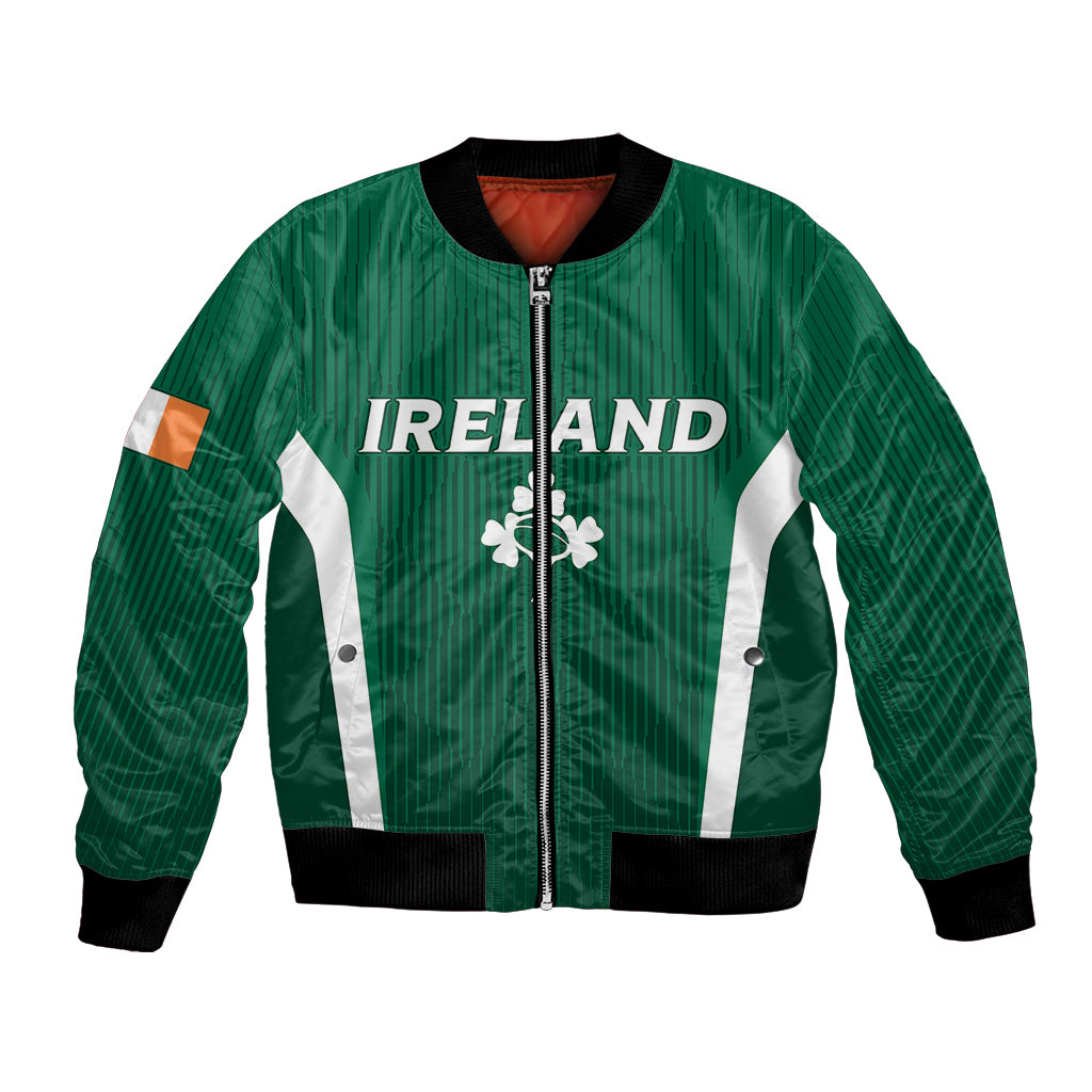 Green Ireland rugby bomber jacket with full zip, shamrock crest, white side stripes