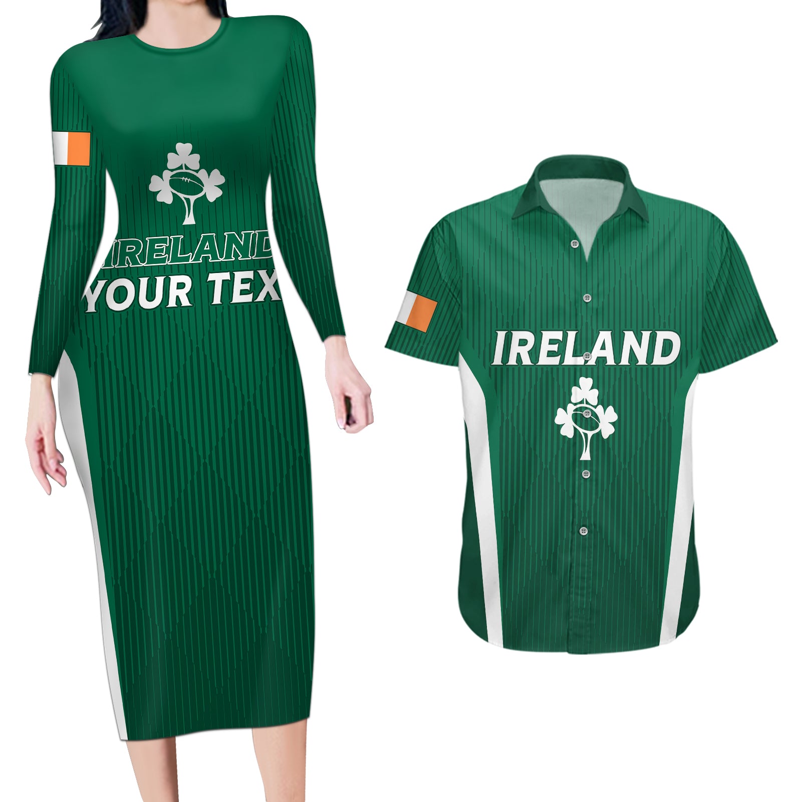 Personalised Ireland Rugby Couples Matching Long Sleeve Bodycon Dress and Hawaiian Shirt World Cup 2023 GO Shamrocks LT7 - Wonder Print Shop