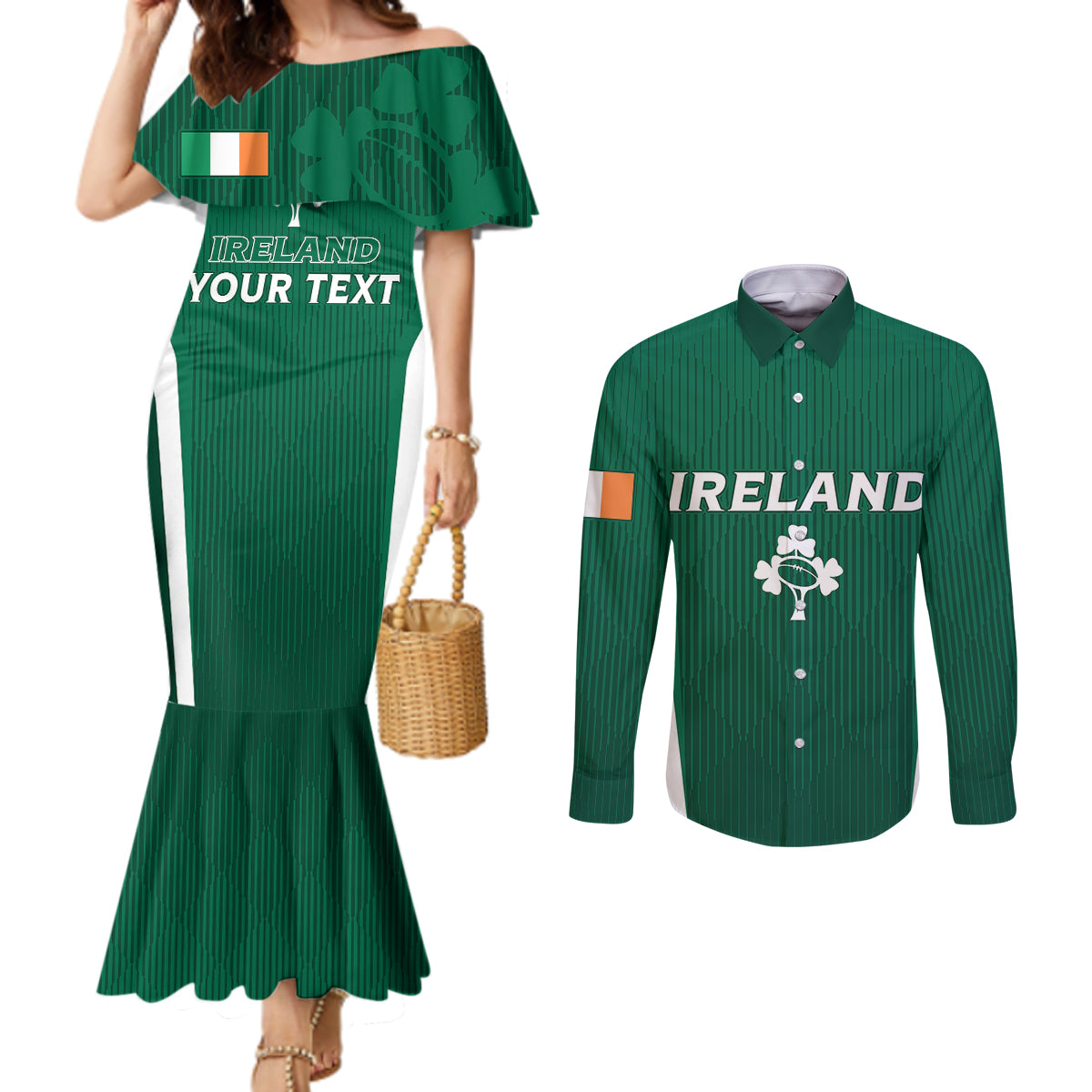 personalised-ireland-rugby-couples-matching-mermaid-dress-and-long-sleeve-button-shirts-world-cup-2023-go-shamrocks